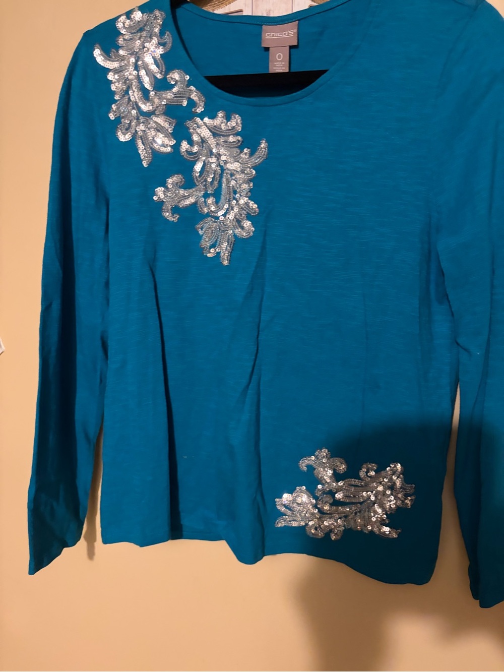 Chico's Teal Long-Sleeve Top with Silver Sequin Motifs